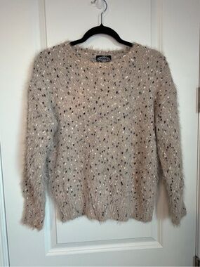 Oliver O Fluffy Speckled Crewneck Sweater in Light Taupe Pink.  Ready for winter